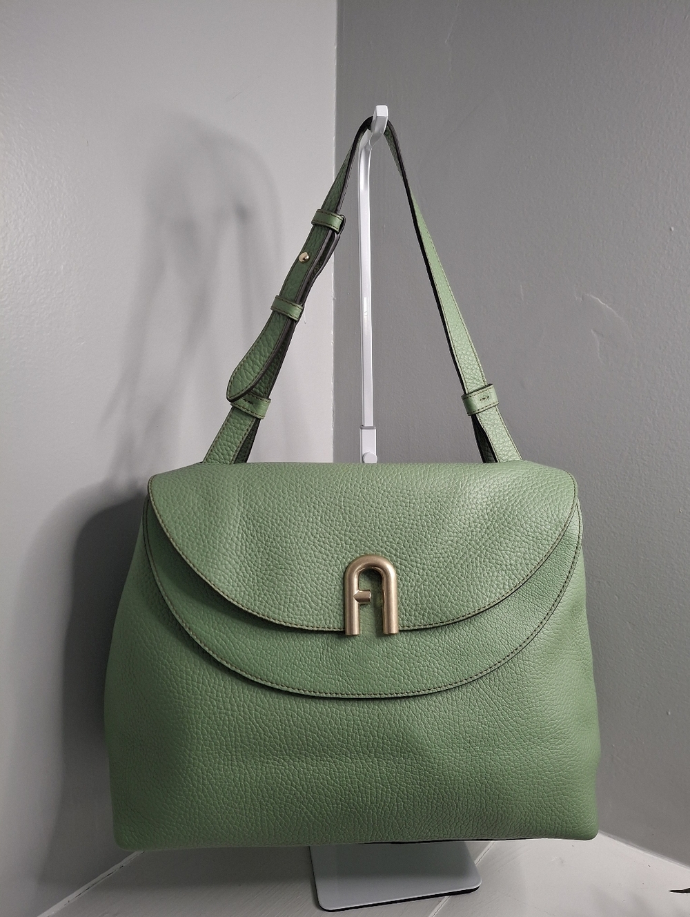 Furla Primula Sage/Green Leather Shoulder Bag with Gold Hardware